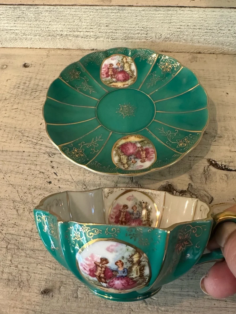 Lefton Scalloped Fluted Green Tea Cup  Hand Painted Courting Couple Romantic